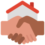 Two people shaking hands with a real estate house in the background.